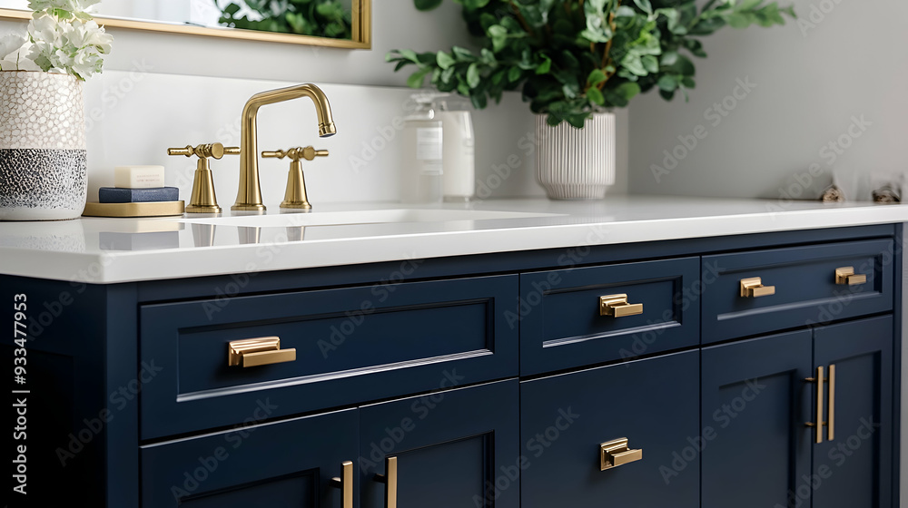 This elegant bathroom vanity presents navy blue cabinets, adorned with brass hardware, a sleek white countertop, and a decorative vase containing lush greenery, reflecting a contemporary design. This elegant bathroom vanity presents navy blue cabinets, adorned with brass hardware, a sleek white countertop, and a decorative vase containing lush greenery, reflecting a contemporary design.