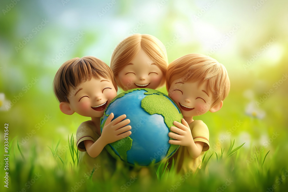3D cartoon of Kids embracing globe. Protecting planet, environmental care. World Earth Day concept 3D cartoon of Kids embracing globe. Protecting planet, environmental care. World Earth Day concept