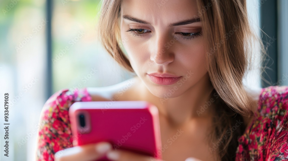 Young Woman Intently Scrolling Smartphone in Daylight Young Woman Intently Scrolling Smartphone in Daylight