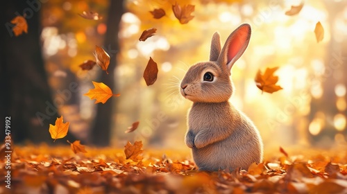 Rabbit sitting in the autumn forest, falling autumn leaves. Generation Ai