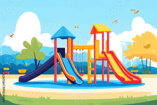 Wallpaper Mural Illustration of a vibrant playground featuring slides, towers, and climbing structures, set against a backdrop of a sunny day with blue skies.
 Torontodigital.ca