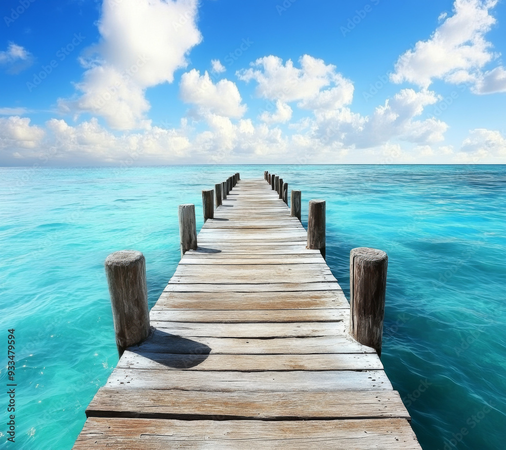 Obraz premium A breathtaking high-resolution photograph capturing the stunning turquoise waters and vibrant sky of the Caribbean Sea. The scene features a rustic wooden pier extending into the crystal-clear 