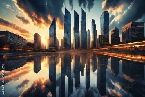 Cityscape Reflection at Sunset photo