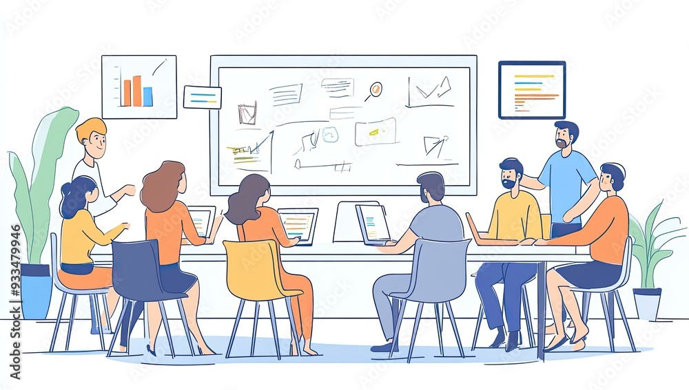 Office meeting with whiteboard and laptops. Office meeting with whiteboard and laptops.