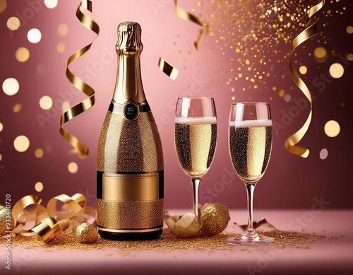 two glasses of champagne with bottle of champagne on sparkly background, concept of celebration