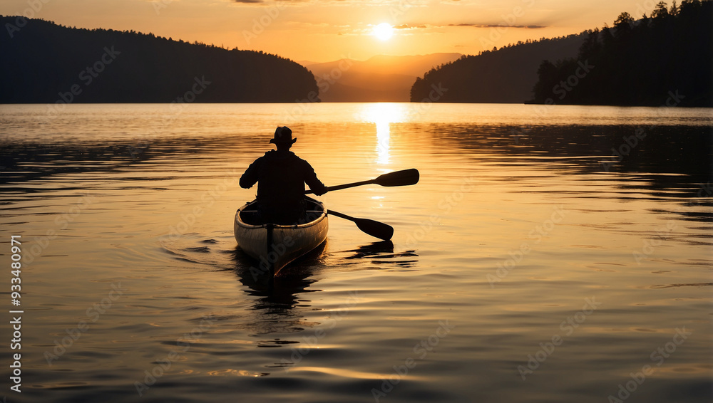 Silhouette of a man in a canoe on a calm lake