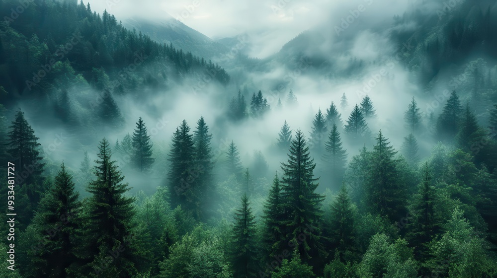 mystical mountain forest shrouded in morning mist ethereal atmosphere soft diffused light ancient trees serene landscape dreamlike quality