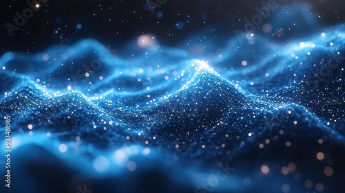 Abstract Blue Digital Landscape with Glowing Particles