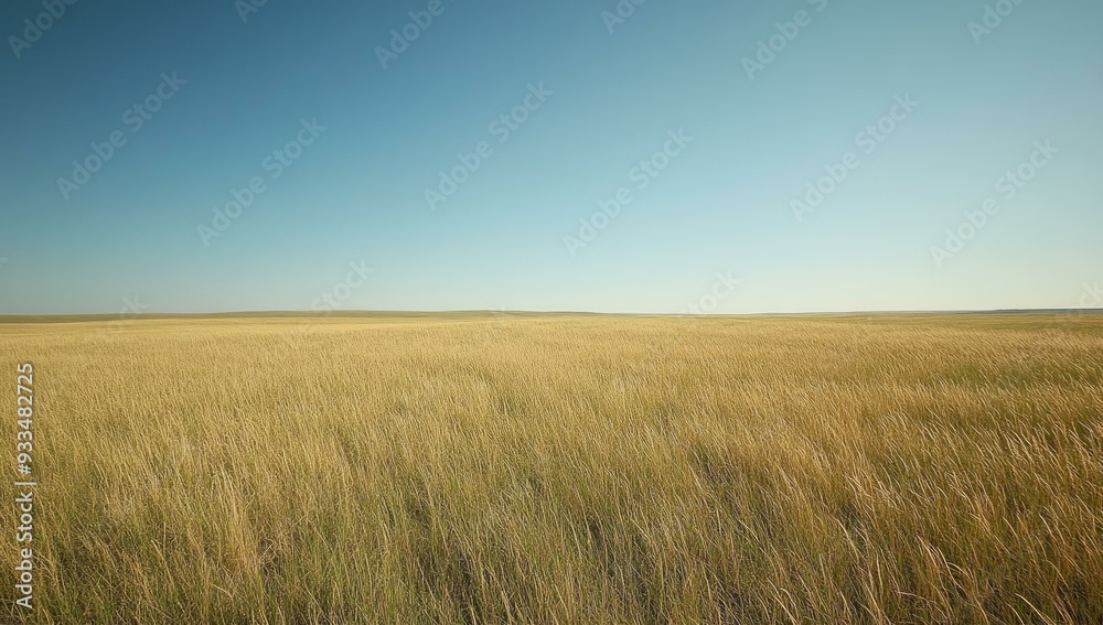 Obraz premium A vast, grassy field under a clear blue sky.