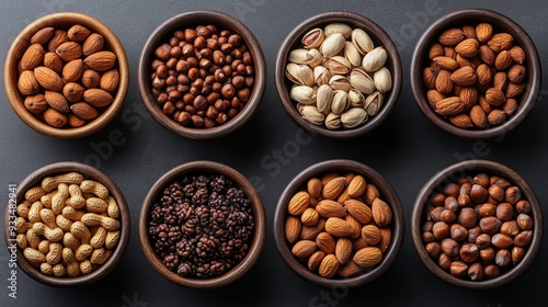 Variety of nuts in bowls, top view, isolated on transparent background.