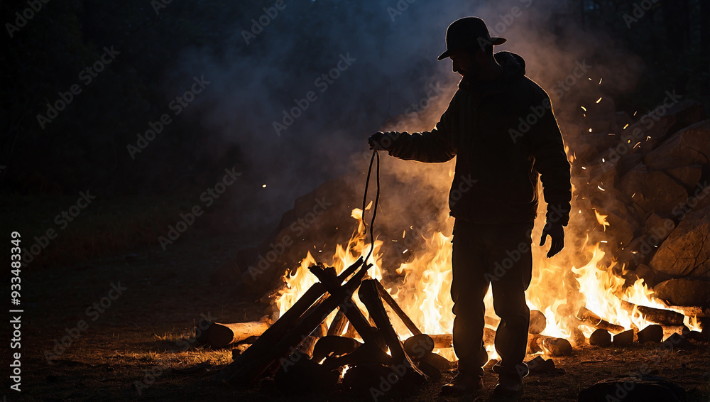 Silhouette of a man making a campfire Silhouette of a man making a campfire
