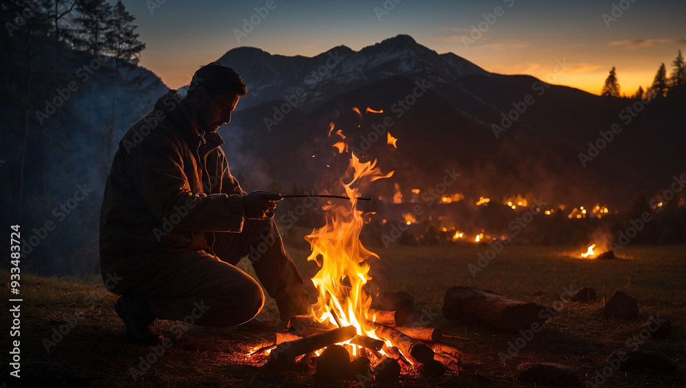 Silhouette of a man making a campfire Silhouette of a man making a campfire