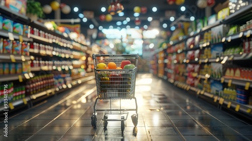 Abandoned Cart in Grocery Aisle. Empty shopping cart left in the colourful grocery store aisle.
