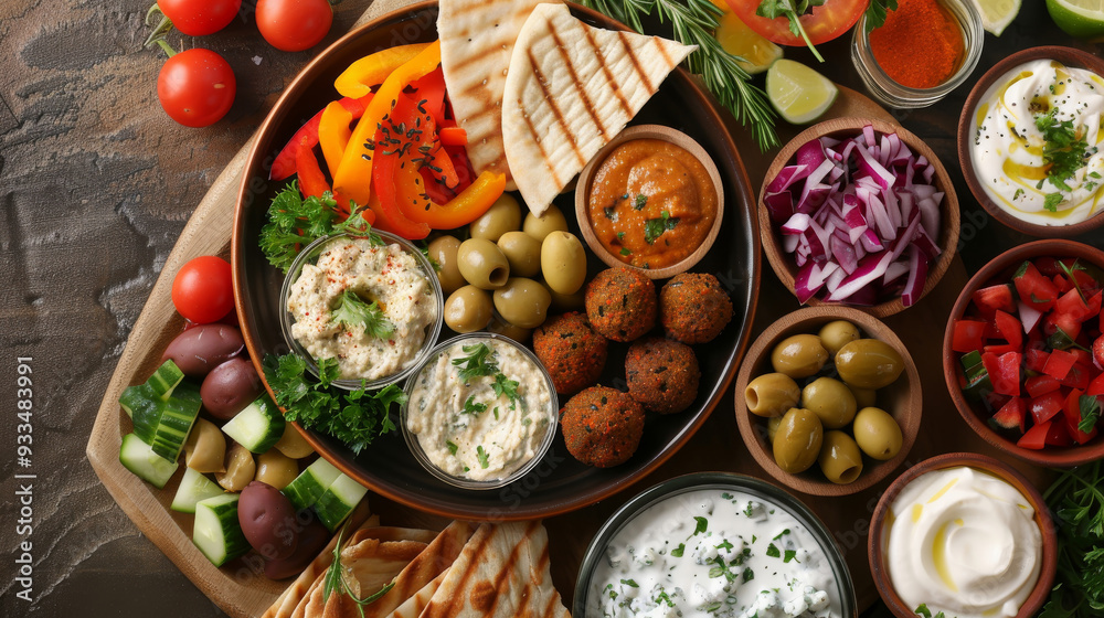 Overhead shot of falafel street platter with falafel, hummus, tzatziki, baba ganoush, pita, olives, and fresh vegetables Overhead shot of falafel street platter with falafel, hummus, tzatziki, baba ganoush, pita, olives, and fresh vegetables