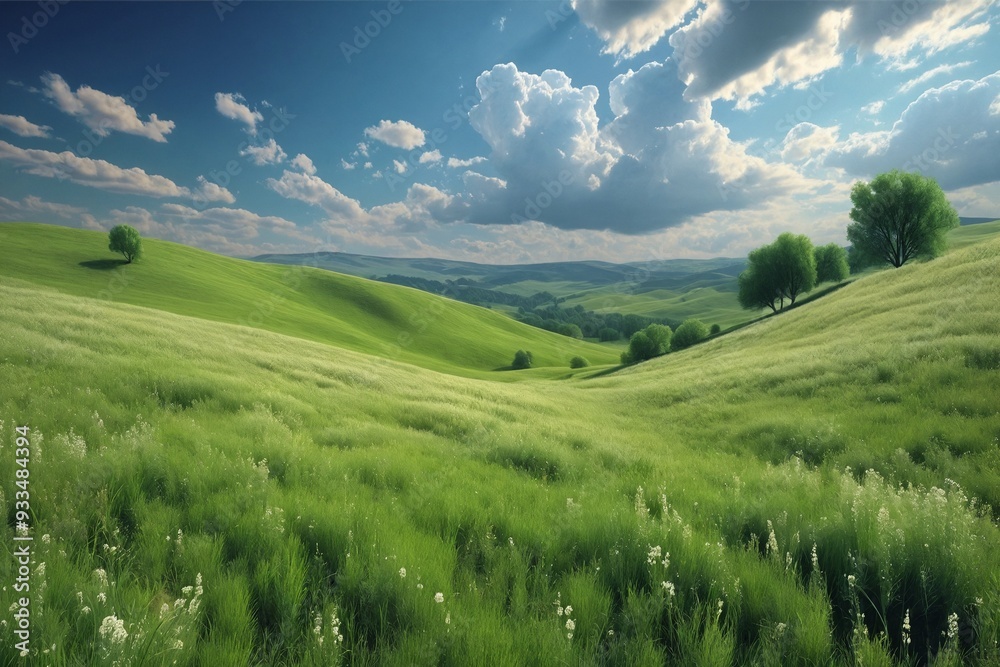 Obraz premium Rolling Hills with Wildflowers under Blue Sky