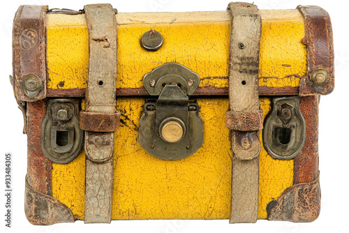 A vintage yellow suitcase with leather straps, perfect for travel-themed projects and nostalgic designs.