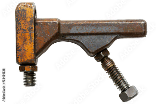 Close-up of a weathered metal clamp showcasing its intricate design and rust for industrial applications.