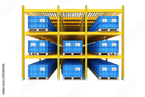 Colorful shelving unit filled with blue containers, ideal for warehouse storage and logistics. Perfect for inventory management.