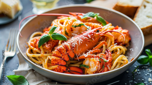 Linguine with lobster chunks in a rich tomato cream sauce