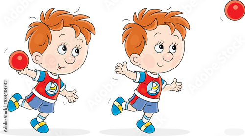 Little boy throwing a ball at an athletics competition on a sports ground at physical education lesson in elementary school, vector cartoon illustration isolated on a white background