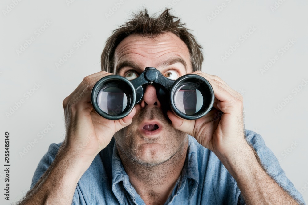 The image shows a man in his thirties wearing business casual attire, holding a pair of binoculars up to his eyes, with a focused expression. The image shows a man in his thirties wearing business casual attire, holding a pair of binoculars up to his eyes, with a focused expression.