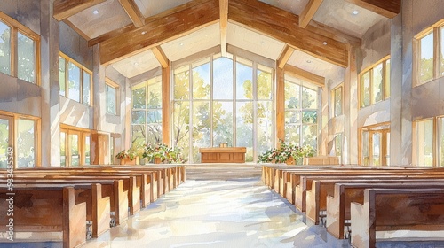 Watercolor hospital chapel with a peaceful atmosphere and soft lighting.