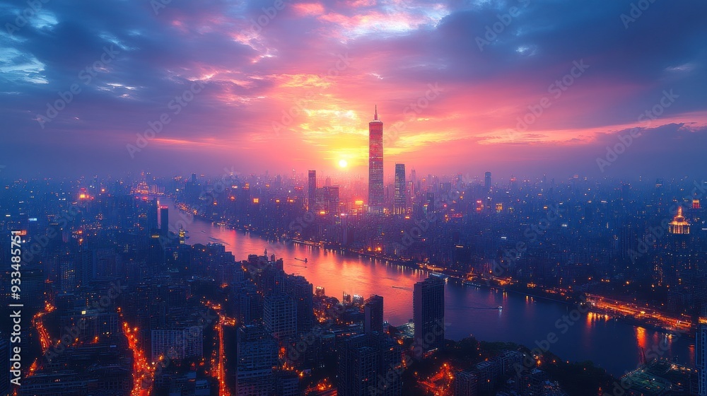 Cityscape at Sunset with River and Skyline Cityscape at Sunset with River and Skyline