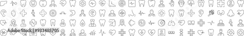 Bundle of Line Icons of Medical Cross, Doctor, Tooth, Internal Organs, Clinic. Editable Stroke. Minimalistic Linear Pictogram for Design of Cards, Apps, Banners, Posts