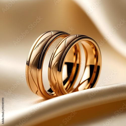 Generative AI illustration of closeup of golden wedding rings placed blurred background