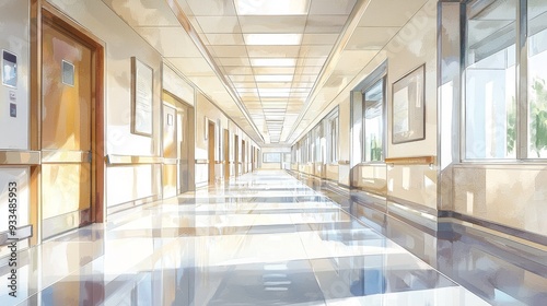 Watercolor hospital corridor with soft, glowing lights and clean floors.