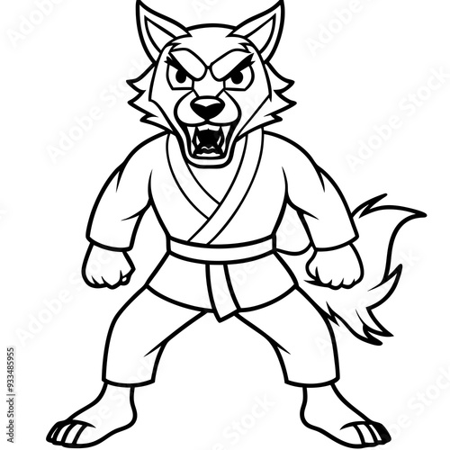 Angry Karate wolf White Background line art vector illustration