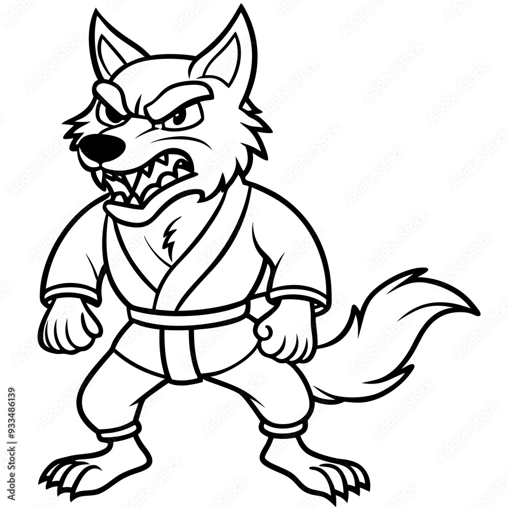 Obraz premium Angry Karate wolf White Background line art vector illustration