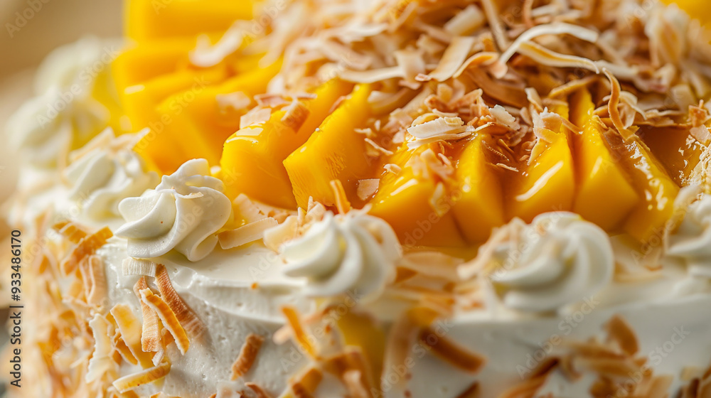 Tropical mango coconut cake with coconut cream frosting, toasted coconut flakes, and fresh mango slices Tropical mango coconut cake with coconut cream frosting, toasted coconut flakes, and fresh mango slices