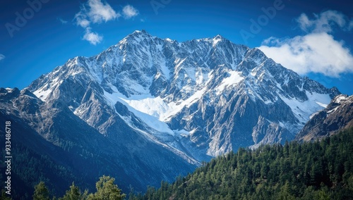 Snow-capped mountain range with green trees.