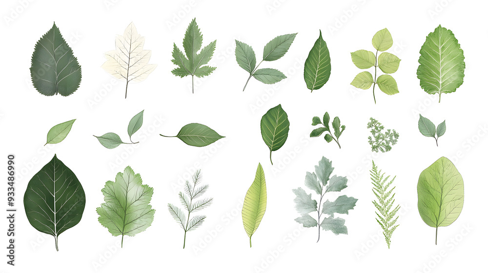 Fototapeta premium Minimalistic illustration collection of different green leaves and plants isolated on white background