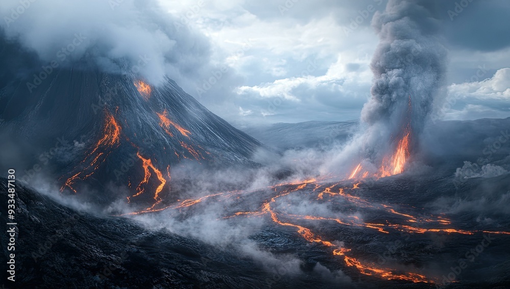 Volcanic eruption with lava flowing and smoke. Volcanic eruption with lava flowing and smoke.