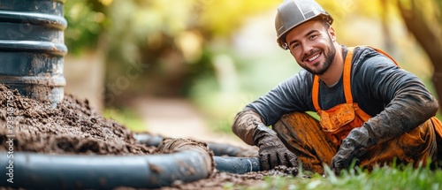 worker man Maintaining Septic Tank Cleanliness - Banner Design With Outdoor Background Featuring Positive Faces