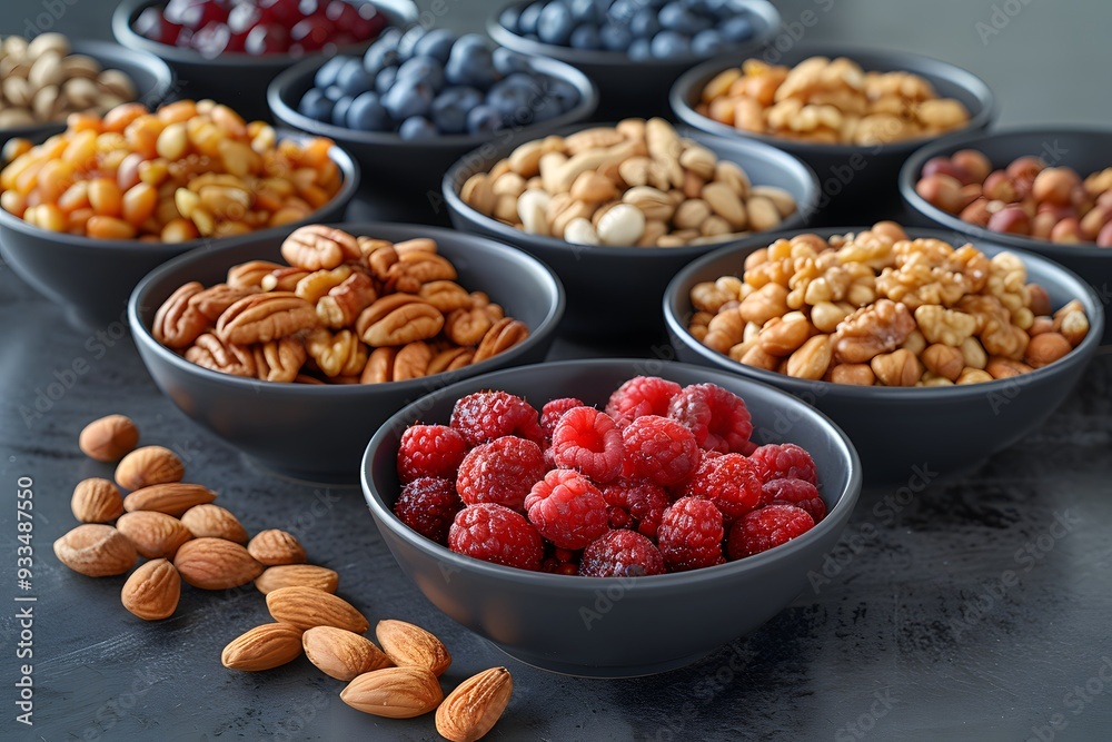 Healthy Assortment of Fresh Berries and Nuts in Black Bowls for Nutritious Diets and Meal Planning Healthy Assortment of Fresh Berries and Nuts in Black Bowls for Nutritious Diets and Meal Planning