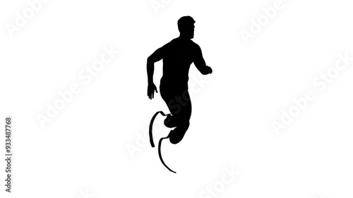 3D render : a running male character with two prosthetic legs, 45 degrees back view