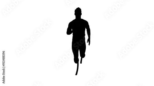3D render : a running male character with two prosthetic legs, front view