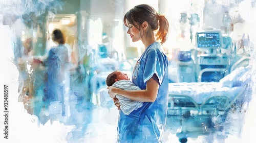 Watercolor hospital maternity ward with a mother holding her newborn. photo