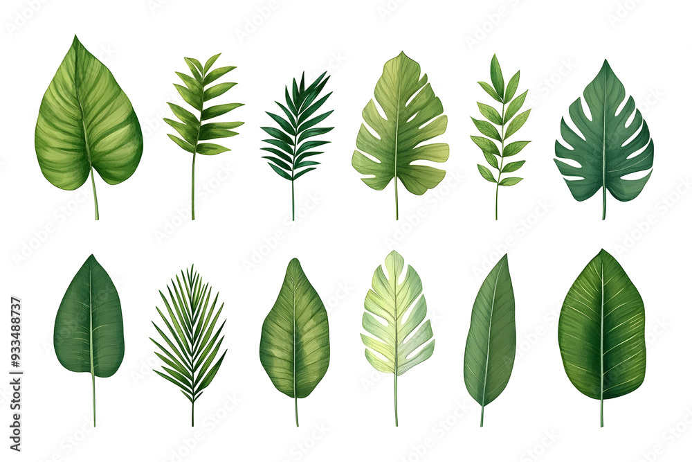 Minimalistic illustration collection of different tropical leaves isolated on white background Minimalistic illustration collection of different tropical leaves isolated on white background