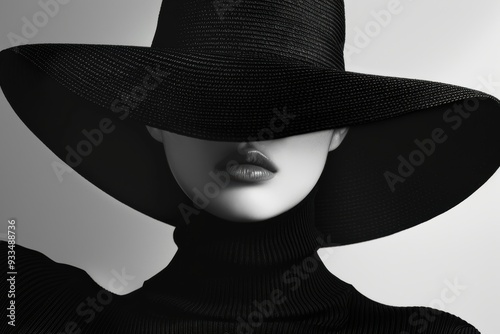 Wallpaper Mural Minimalist black and white portrait of a model in a turtleneck, face hidden by a hat. Torontodigital.ca