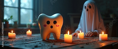 Spooky Tooth Character with Surprised Expression Surrounded by Candles and Ghost for Halloween Dental Concept photo