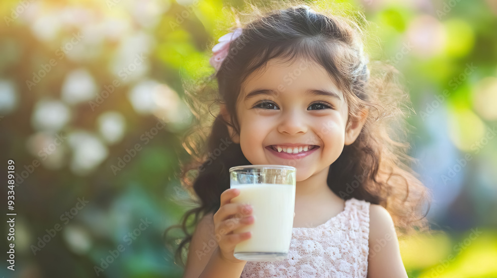 A little girl smiling with a glass of milk outdoors. A little girl smiling with a glass of milk outdoors.