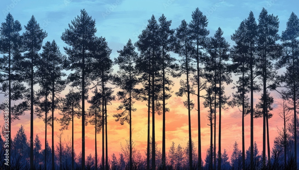 Silhouetted pine trees against a colorful sunset. Silhouetted pine trees against a colorful sunset.