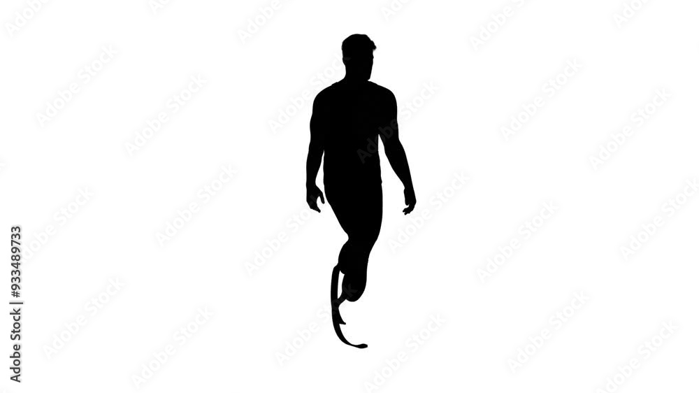 3D render : a walking male character with two prosthetic legs, 45 degrees back view 3D render : a walking male character with two prosthetic legs, 45 degrees back view