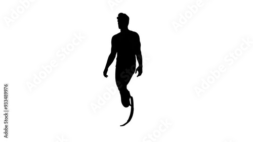 3D render : a walking male character with two prosthetic legs, 45 degrees front view