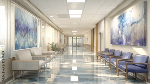 Watercolor hospital waiting room with comfortable seating and calming artwork.