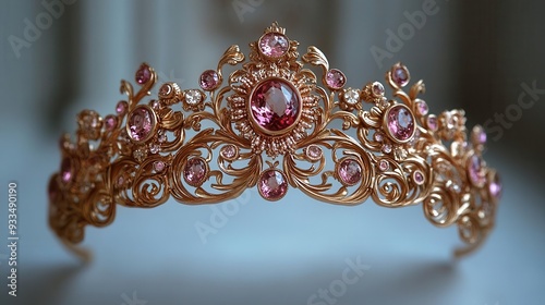 ornate golden crown adorned with rosehued gems floating ethereally against pristine white backdrop regal elegance meets soft femininity in intricate metalwork photo